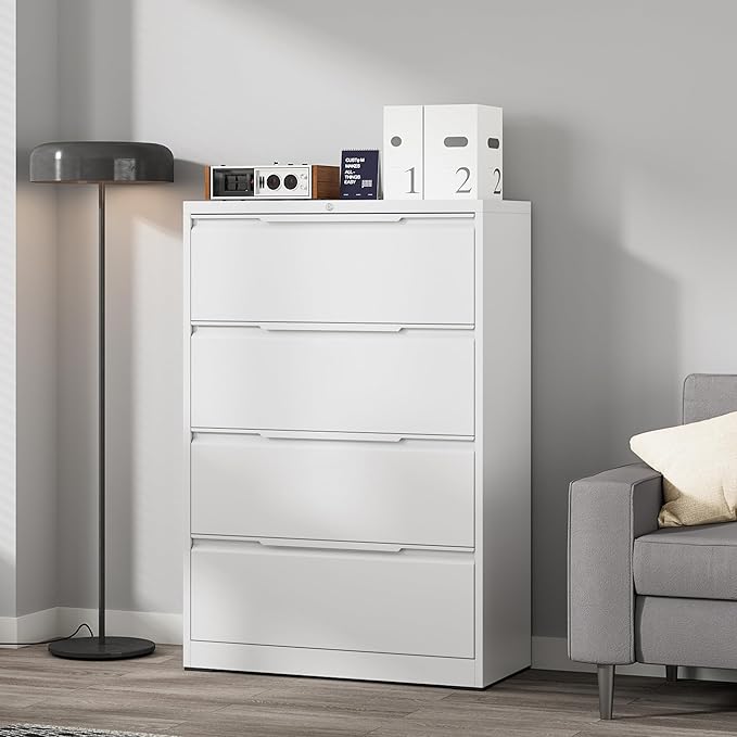 Coolsun Metal File Cabinet with Lock, 4 Drawer File Cabinet for Home Office, Lockable Lateral Filing Cabinet for A4/F4/Lagel/Letter Assembly Required (White, 4 Drawer Lateral)
