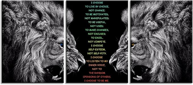 Inspirational 3 Pieces Lion Poster for Office Motivational Wall Art I Choose Canvas Prints Artwork for Living Room Modern Home Decor Painting Pictures Stretched and Framed Ready to Hang [36''Wx 16''H]
