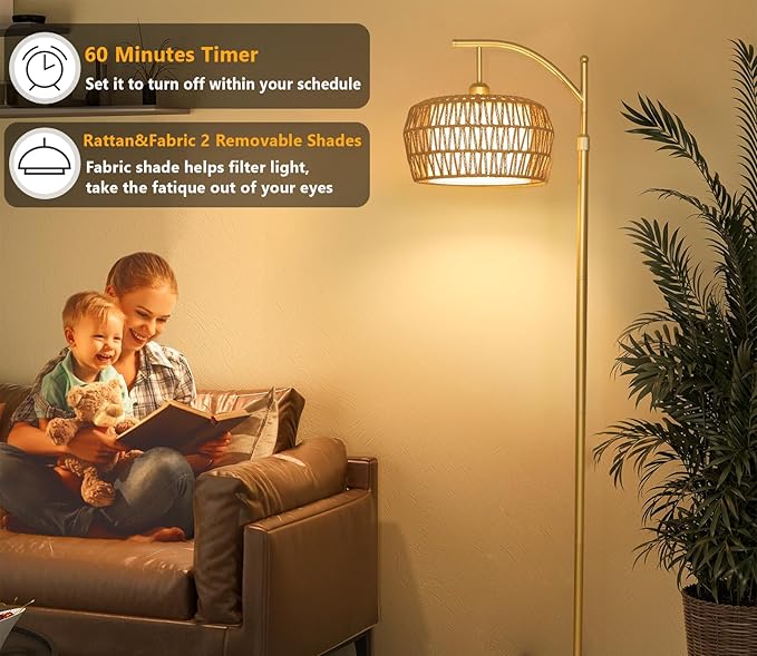 Gold Floor Lamps for Living Room, Boho Rattan Floor Lamp with Remote and Dimmable Bulb, 3 Color Temperatures, Modern Arc Standing Lamp with Wicker Shades, Farmhouse Tall Lamp for Bedroom