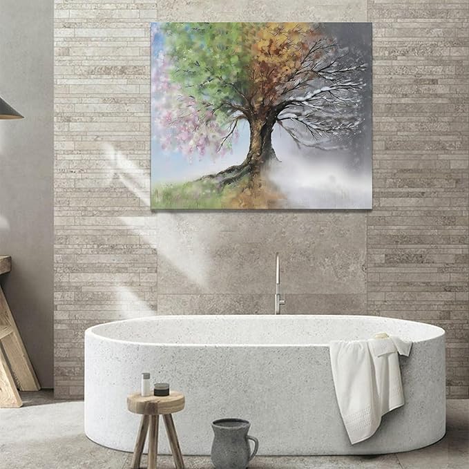 Tree of Life Wall Art Four Season Trees Pictures Decor Rustic Nature Canvas Country Painting Modern Artwork Home Decorations for Bathroom Living Room Bedroom Office Framed 24"x20"