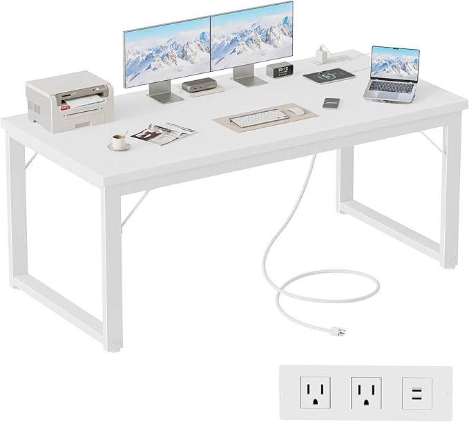 Mericonia 54 Inch Computer Desk with Power Outlets, 1.2" Thick Heavy Duty Industrial Office Desk, Modern Simple Study Writing Table for Home Office Bedroom Workstation, White