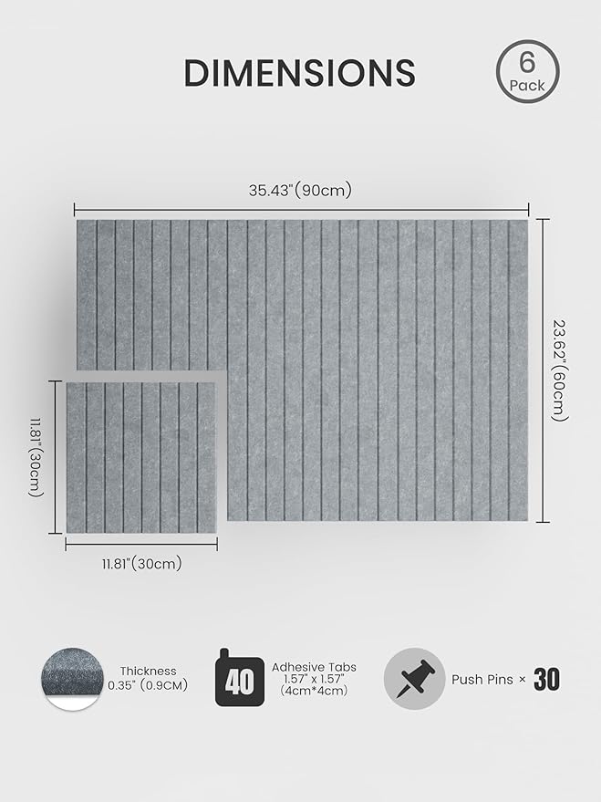 Bumusty Large Cork Board Alternative-36 x 24" Felt Bulletin Board Tiles, with 30 Pushpins, 40 Adhesive Tabs, 6-Pack Slat Wall Paneling, Cork Boards for Office Push Pin Board Felt Board-Blue Gray