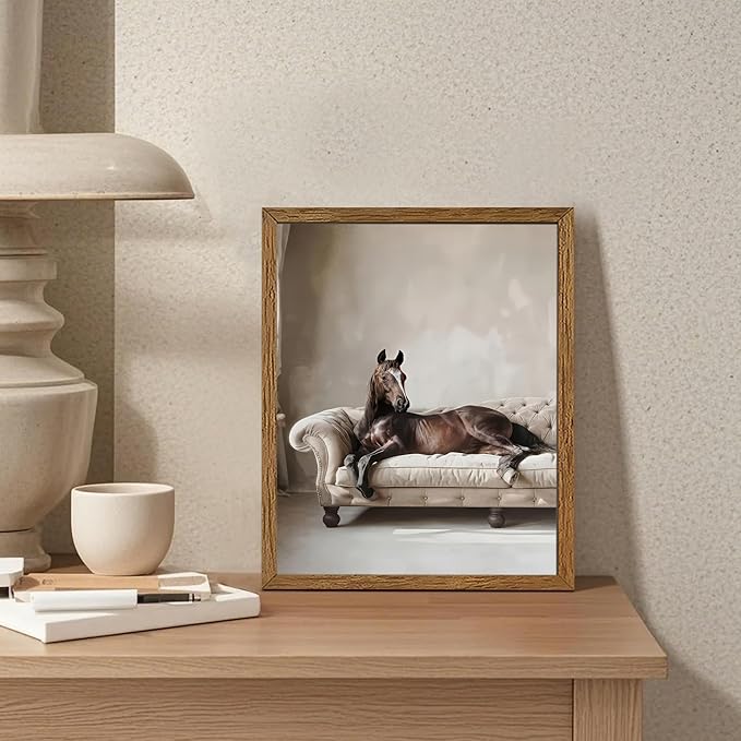 AVECCO Framed Funny Elegant Vintage Canvas Horse Wall Art, Western Brown Horse on Sofa Pictures Wall Decor, Unique Animal Art Prints for Bathroom Bedroom Living Room Office Home Decoration 8x10 Inch