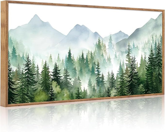 CHDITB Mountain Landscape Framed Canvas Wall Art(40"x20"), Boho Nature Forest Artwork Prints, Large Abstract Modern Green Pine Trees Art Decor for Bedroom Living Room Office