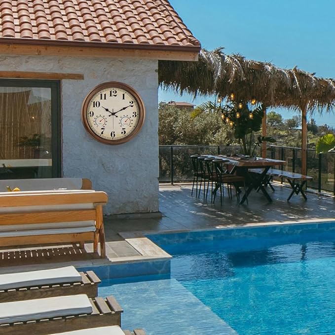 45MinST 16 Inch Bronze Vintage Large Indoor/Outdoor Waterproof Wall Clock with Thermometer & Hygrometer, Silent Non-Ticking Quartz Timepiece for Home, Porch, Garden,Pool