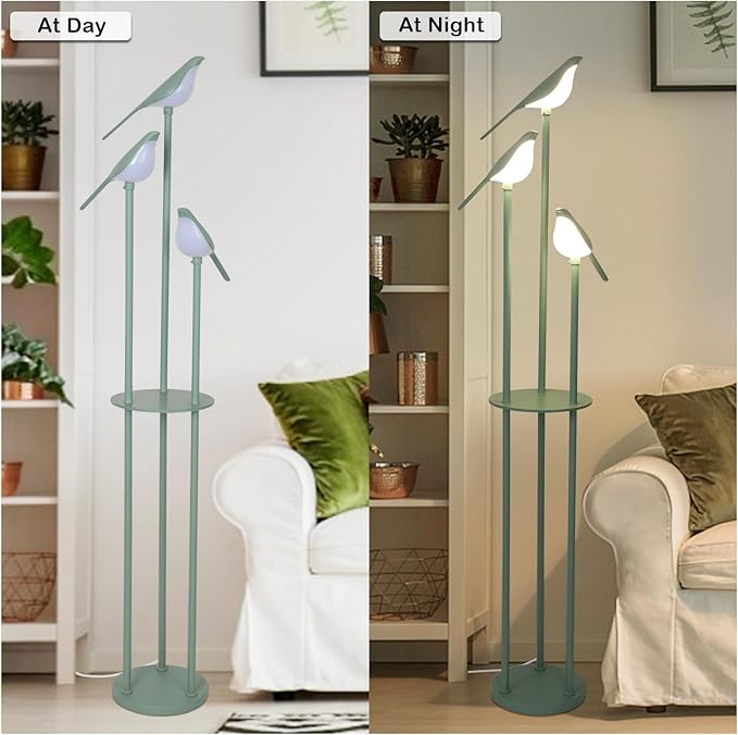Bird Floor Lamp for Bedroom, Green Standing Lamps for Living Room, Corner Tall Lamp with Table, 3-Lights Vintage Floor Lamp, Modern Stand Up Lamp for Office, Girls Room, Unique Bird Lamps