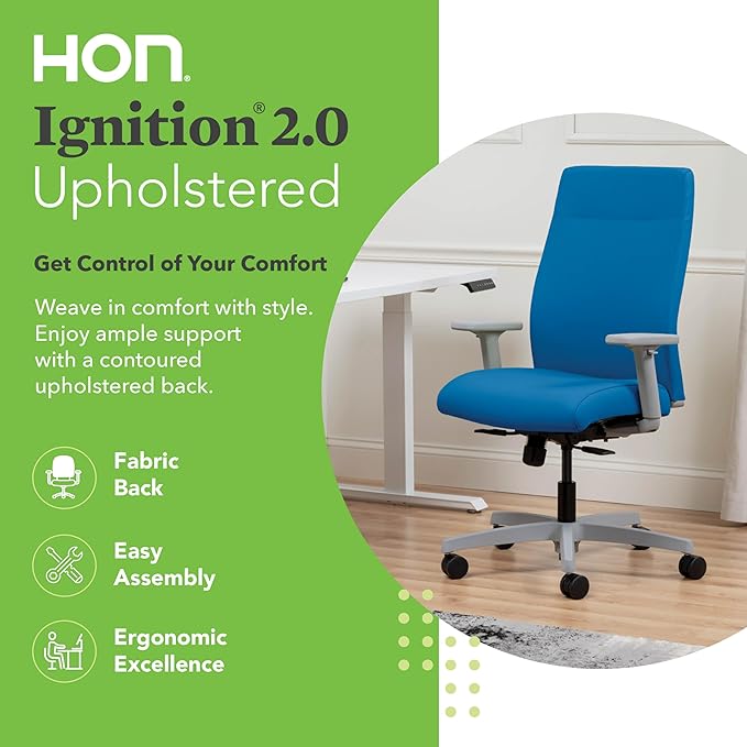 HON Ignition 2.0 Fabric Office Chair, Upholstered, Adjustable Arms, Standard Synchro-Tilt Recline Executive Ergonomic Office Chair, Titanium Frame, Peacock
