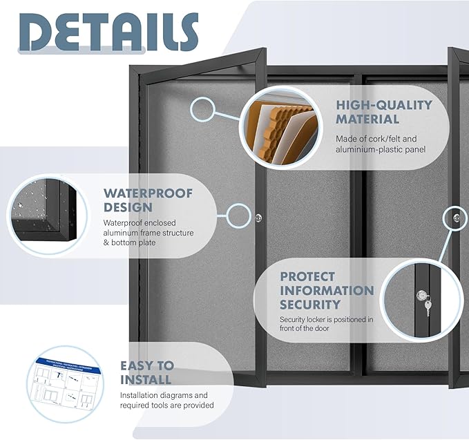 Enclosed Bulletin Board Outdoor Noticeboard with Locking Door, Weather-Resistant, Grey Felt, Black Aluminum Frame, 43 x 31 in