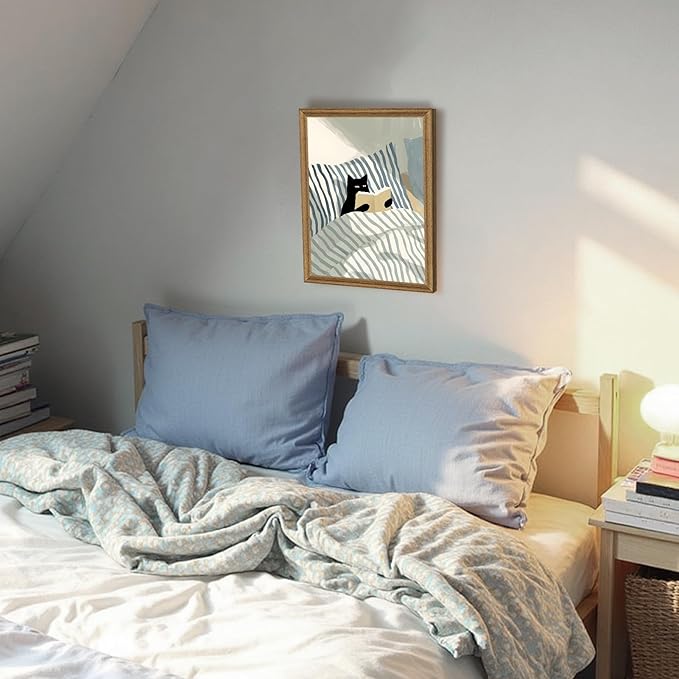 Fantasy Artists Black Cat Reading in Bed Wall Art, Quiet Character Illustration with Soft Neutral Tones, Calm Lifestyle Canvas Print for Bedroom, Reading Nook or Home Office, 12W x 16H
