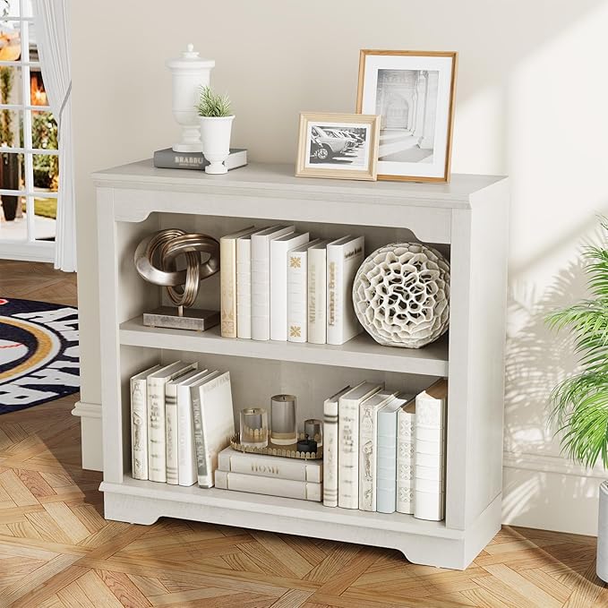 HIFYOBRO 2 Tier Bookshelf, 31.5" Wide Wooden Bookcase, 25.8" Tall Book Shelf, Freestanding Open Display Storage Bookshelves for Study Room, Home Office, Living Room (White, 2-Shelf)