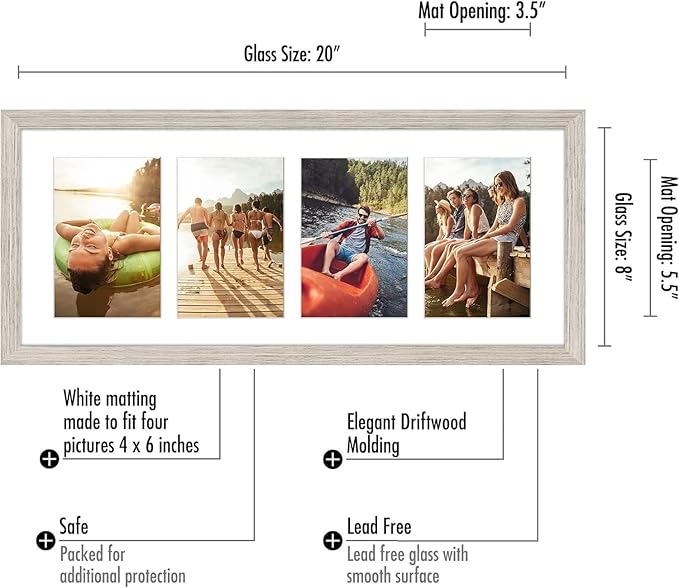 Americanflat 4x6 Collage Picture Frame with Shatter-Resistant Glass - Fits Four 4x6 Photos or Use as One 8x20 Picture Frame - Signature Collection - Collage Frames for Wall Display- Driftwood