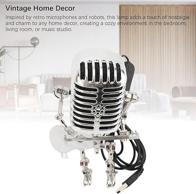 ZJchao Vintage Microphone Guitar Robot Table Lamp Aluminum Retro Metal Robot Night Light for Bedroom Desk Home Decor (White)