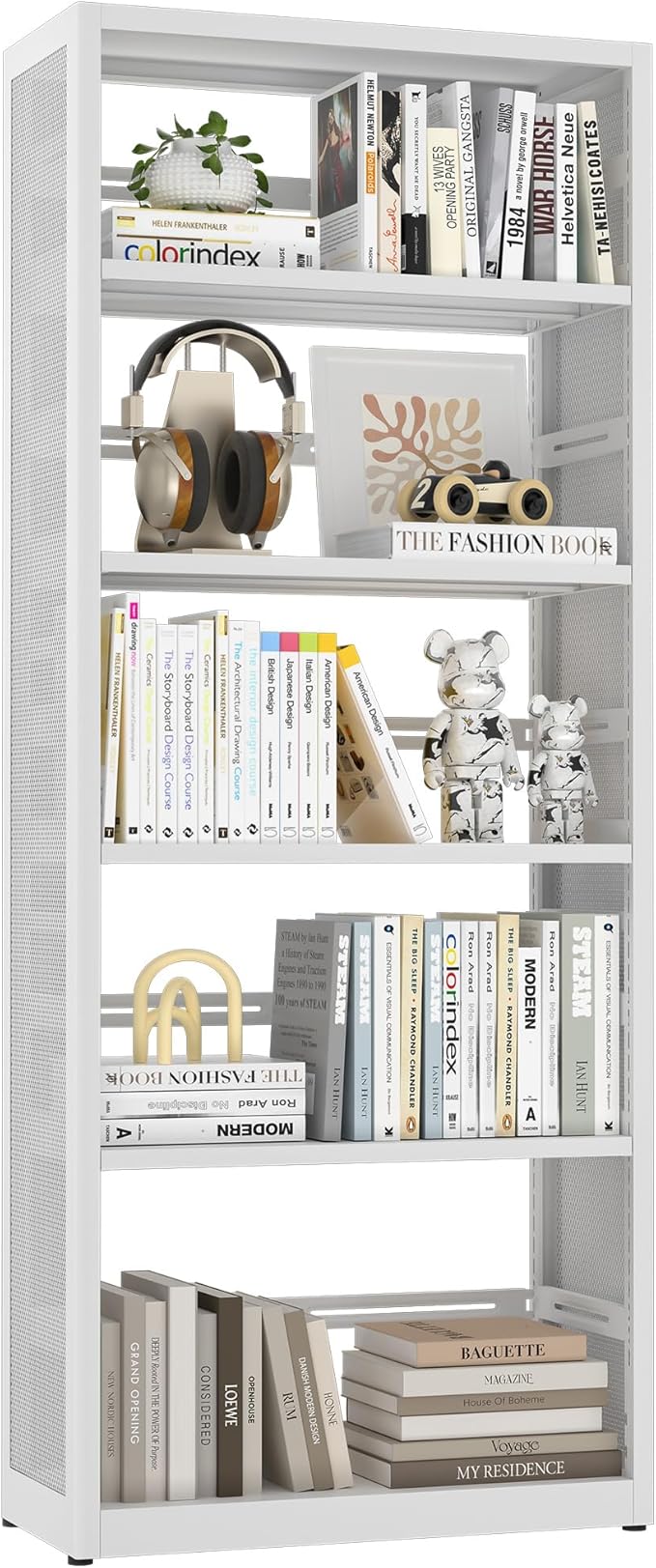 [Heavy Duty] Metal 5 Tier Bookshelf, 68" Tall Bookcase, Large Open Storage Shelf, Floor Standing Bookshelves and Bookcases for Home Office, Library, Living Room, Bedroom, White, Assemble Required