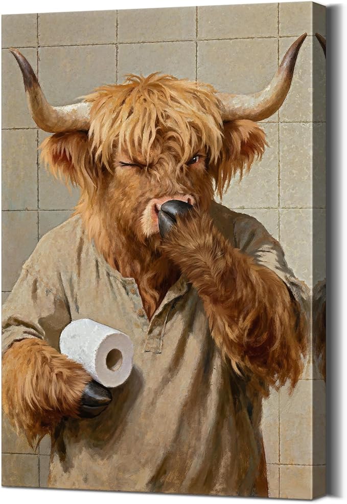 Funny Highland Cow Bathroom Decor Cow Holding Nose Bathroom Canvas Wall Art Posters Pictures with Wooden Frame, Lightweight Humorous Animals Wall Art Painting for Home Toilet Decor, 12x18 Inches