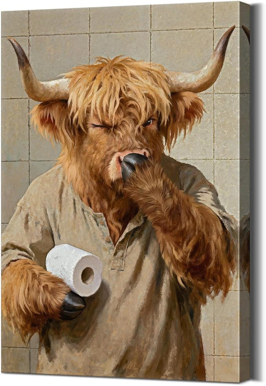 Funny Highland Cow Bathroom Decor Cow Holding Nose Bathroom Canvas Wall Art Posters Pictures with Wooden Frame, Lightweight Humorous Animals Wall Art Painting for Home Toilet Decor, 12x18 Inches