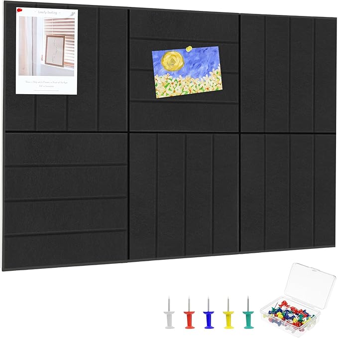 Felt Bulletin Board Tiles 36" x 24", 6-Pack Cork Board for Office, Pin Board with 30 Pushpins Cork Boards for Office Decor Walls Organizer, 40 Adhesive Tabs Included - Black