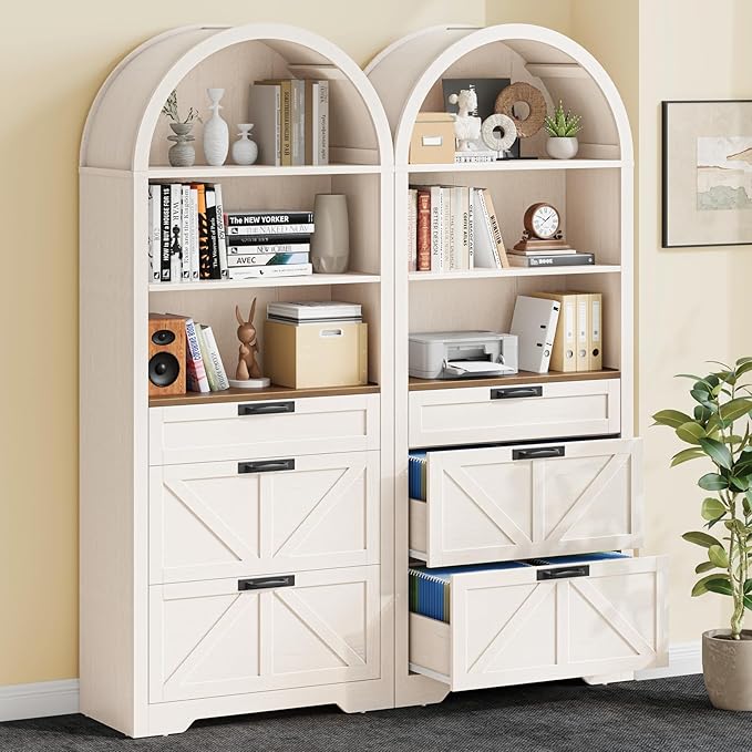 Arched Farmhouse File Cabinet with 2 Drawers for Legal, Letter, and A4 Size Hanging Files, Large Wooden File Cabinet for Home Office with Printer Stand and Bookshelf, Rustic White