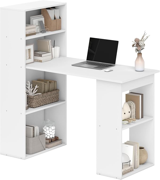 HOMCOM Modern Home Office Desk with 6-Tier Storage Shelves, 47" Writing Desk with Bookshelf, White