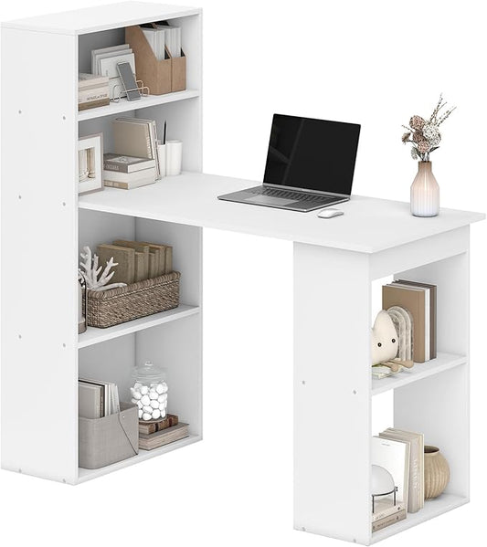 HOMCOM Modern Home Office Desk with 6-Tier Storage Shelves, 47" Writing Desk with Bookshelf, White