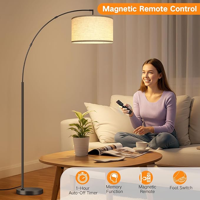 OUTON 81" Arc Floor Lamp, 12W 1080LM LED Dimmable Floor Lamp with 16" Beige Lampshade, Remote Control & Foot Switch, 4 Colour Temperatures, Tall Standing Lamp for Living Room Bedroom Office, Black