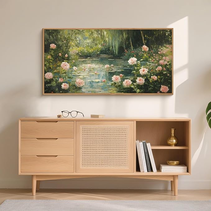 Aryroi Water Lilies Monet Framed Canvas Wall Art Set,Garden Pond Impressionist Floral Wall Decor,Vintage Oil Green Vibrant Flower Botanical Artwork for Living Room, Bedroom,Farmhouse-40 x20 x1