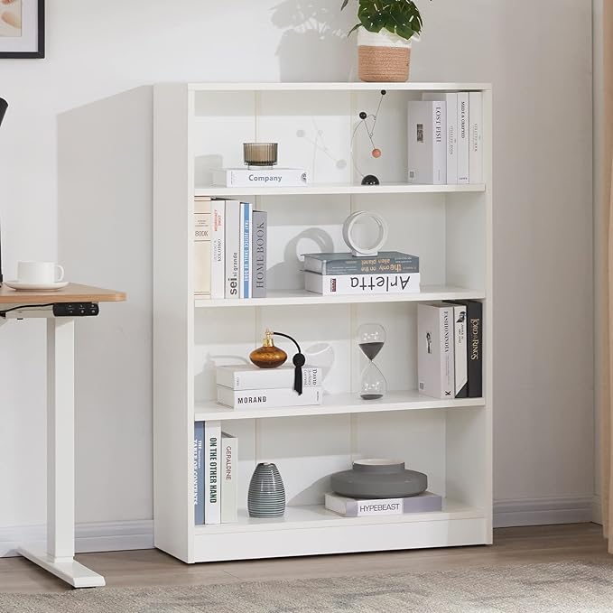 Farini White Bookshelf for Bedroom 4 Shelf Office Bookcase 48 Inches Tall Modern Wood Bookshelf for Living Room 4 Tier Wide Manga Books
