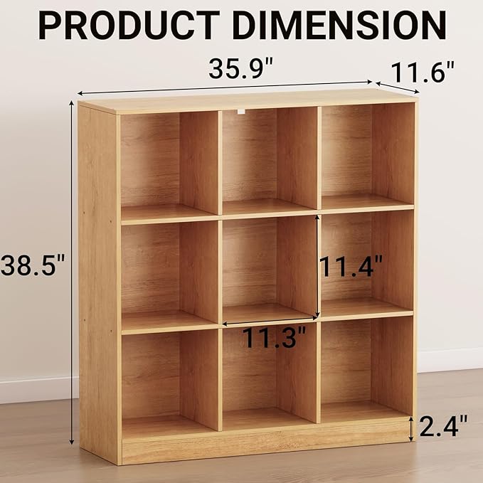 9-Cube Wooden Bookshelf with Base,3-Tier Freestanding Open Storage Organizer,Multi-Functional Bookcase for Living Room,Bedroom,Study and Office (Oak, 9-Cube)