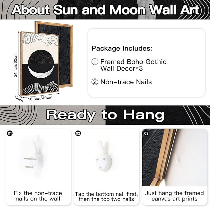 CHDITB Abstract Moon Phases Framed Canvas Art Prints Set(16"x24"), 3 Panels Modern Neutral Black and White Artwork Painting, Large Boho Minimalist Fine Line Wall Art Home Decor for Bedroom Living Room