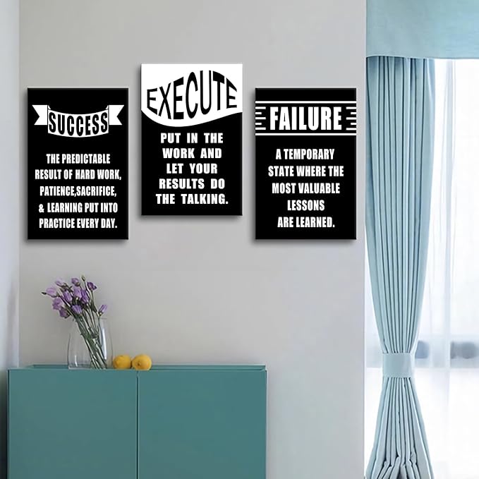 3 Pieces Motivational Canvas Wall Art Execute Failure Success Entrepreneur Quotes Inspirational Signs Posters Print for Home Bedroom Teens Room Gym Stretched and Framed [48''Wx24''H]