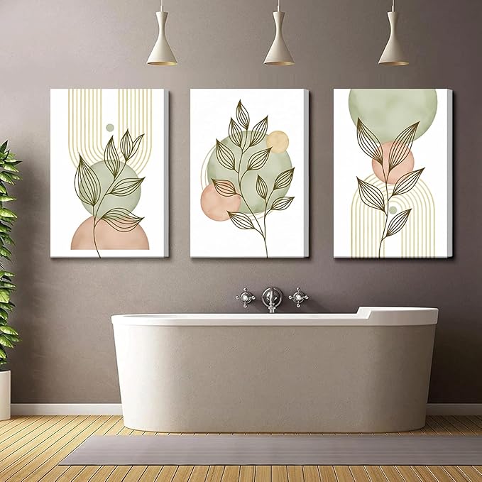 3Pcs Framed Sage Green Boho Canvas Wall Art Modern PinkBotanical Posters Print Abstract With Leafr Pictures Wall Decoration For Living Room Bedroom Bathroom