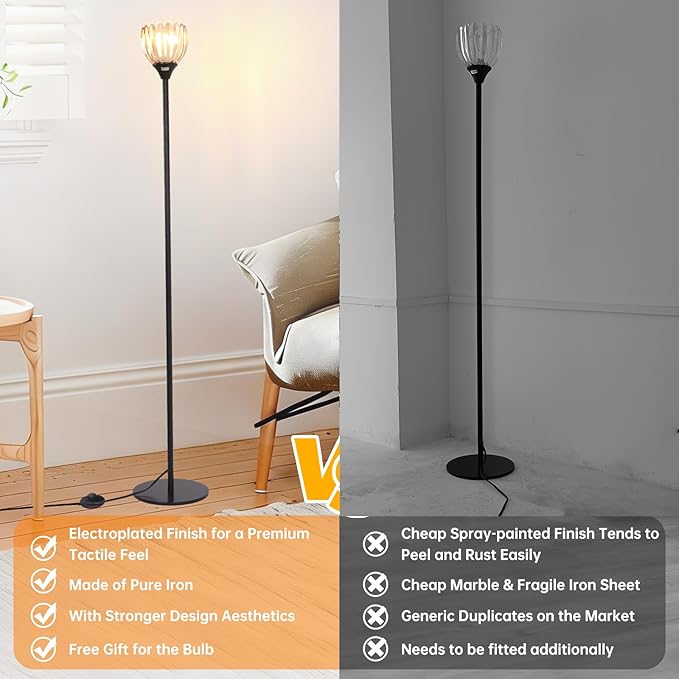 Floor Lamps for Living Room, Bedroom, Black Standing Lamp with 12W Bulb, Vintage Floor Lamp for Reading, Nursery, Corner (Amber Tulip)