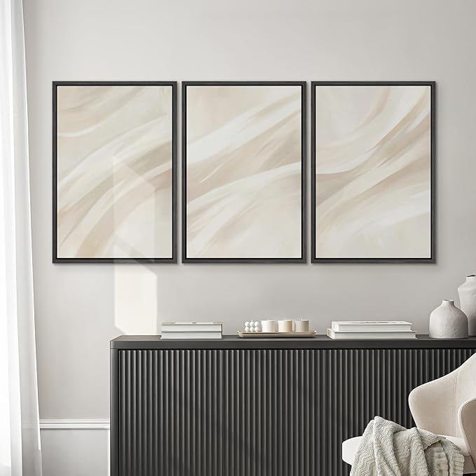 SIGNWIN Framed Canvas Print Wall Art Set Abstract Beige Flow Neutral Brushstroke Illustrations Modern Art Decorative Boho Relax/Zen Nordic for Living Room, Bedroom, Office - 16"x24"x3 Black