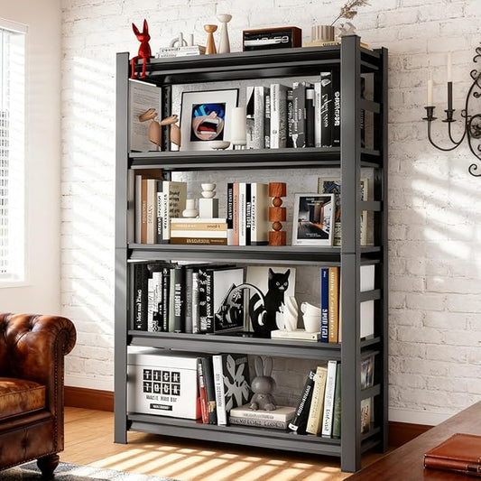 47" W Book Shelf, Metal Bookshelves, Heavy Duty Steel Bookcases, Large Storage Capacity Adjustable Tall Industrial Bookshelf for Living Room, Bedroom and Library, Black