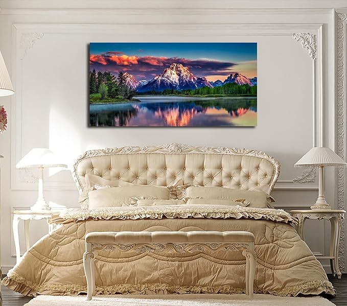 Sunset Landscape Canvas Wall Art for Living Room Grand Teton Wyoming National Park Picture Wall Decor Snake River Mountain Forest Nautre Prints Artwork Bedroom Bathroom Office Home Decor 24" X 48"