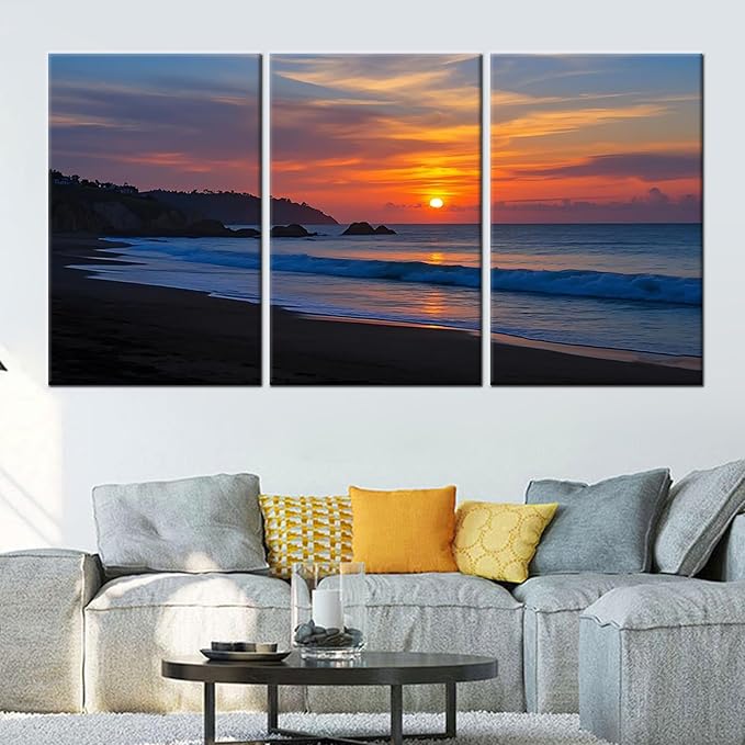 Beach Scenery Wall Art Sandy Beach at Dusk Landscape Canvas Poster Print Summer Natural Scenery Picture Painting for Modern Home Hotel Wall Decoration Stretched and Framed [72''Wx36''H]