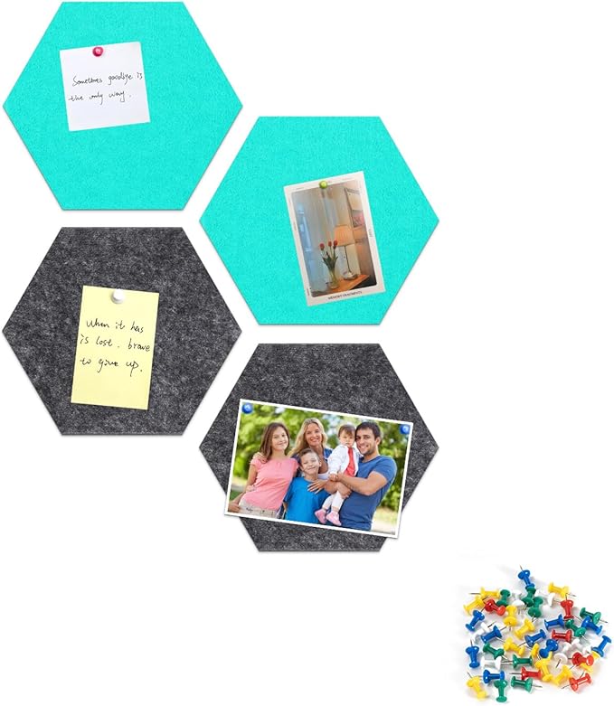 4 Pack Hexagon Felt Bulletin Board Tiles - 11.8" Large Thick Pin Board for Walls with 30 Push Pins, DIY Boards for Office Home School Decor, Aesthetic Hex Cork Board Alternative