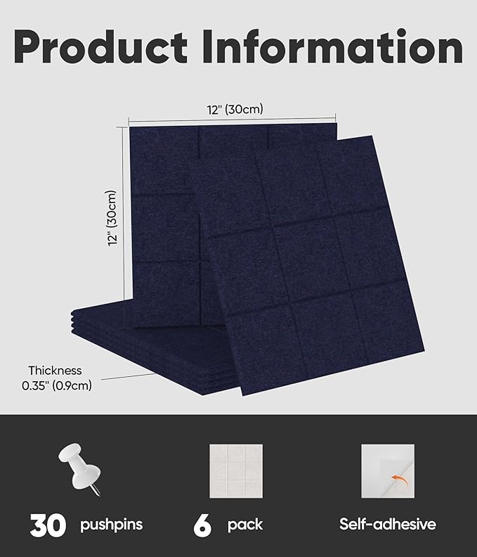 Large Cork Board for Walls 36" x 24", 6 Pack Felt Wall Tiles with Push Pins for Office Home, Pin Board Bulletin Board for Photo Pictures, Navy Blue
