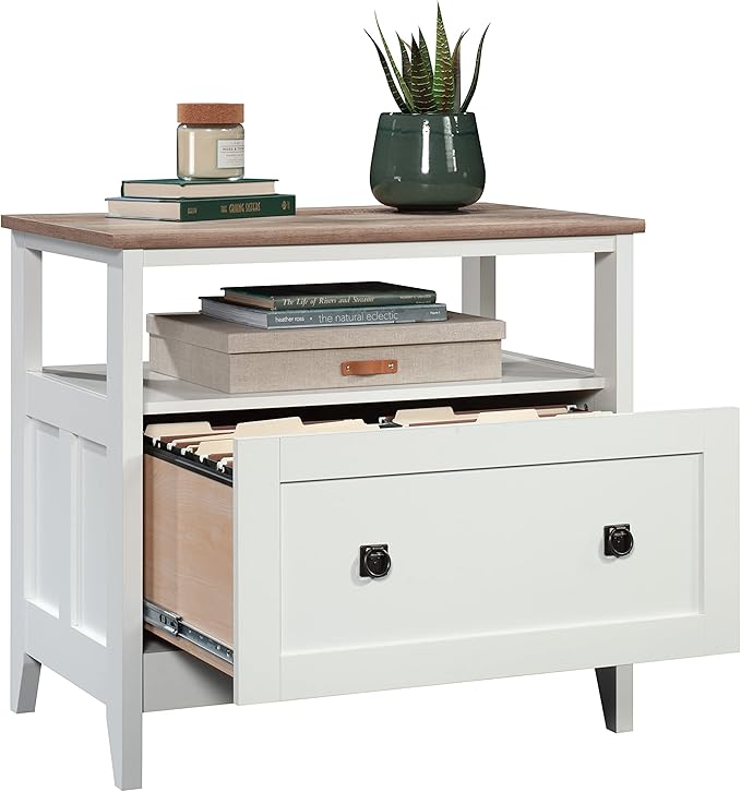 Sauder August Hill File Cabinet 1-Drawer with Open Shelf, Legal Size Filing Cabinet - Soft White Finish