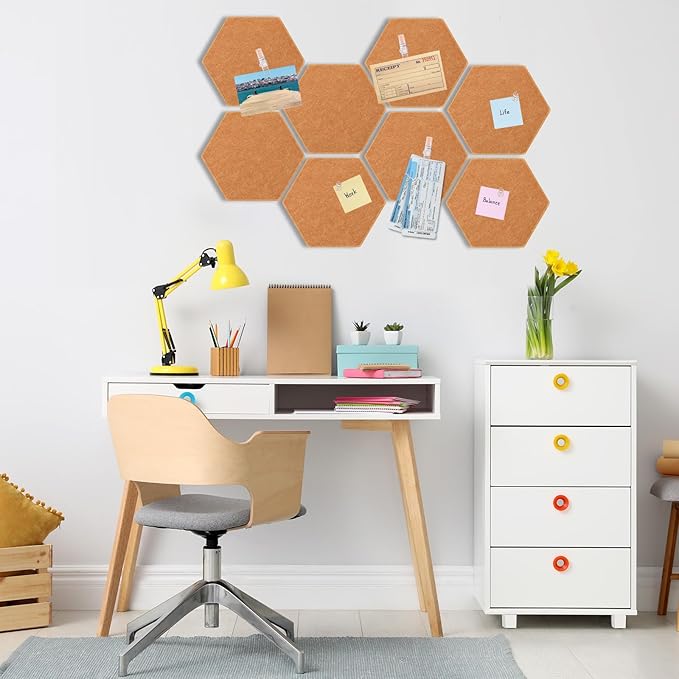8 Pcs 12" Large Hexagon Felt Cork Bulletin Board Tiles Self Adhesive DIY Pin Board with 50 Push Pins and 10 Colored Clips, Wall Decor for Office Home Kitchen Photos Memos(Yellow)