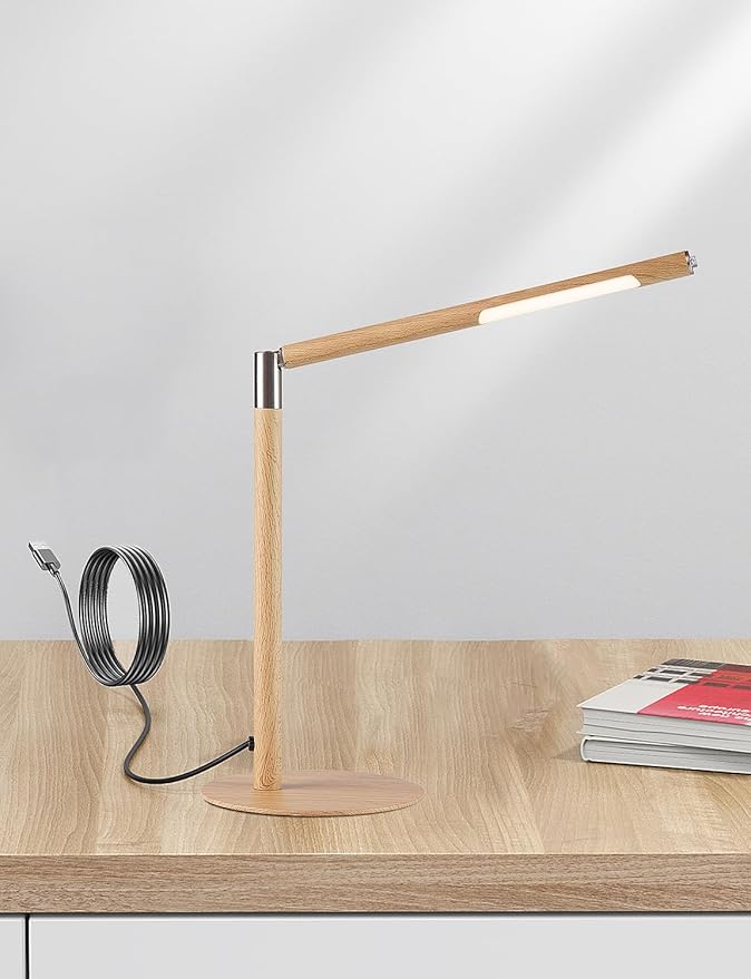 LED Desk Lamp, Home Office Eye Lamp, 3 Modes, Infinitely Adjustable Brightness, Metal, Multi-Angle Adjustment, Detachable Desk Lamp with USB (Wood Grain)