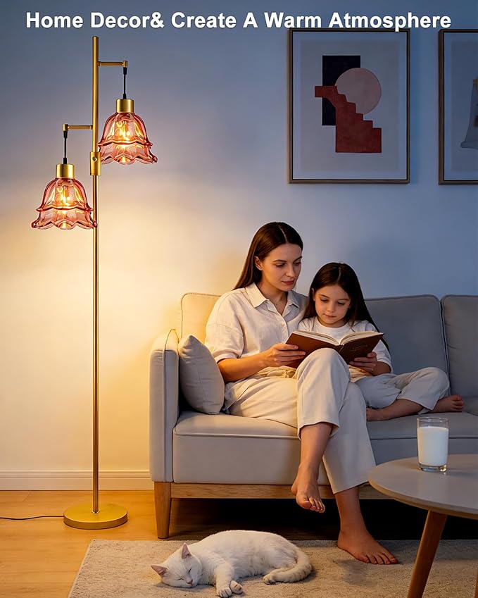 Lightdot 65IN Gold Flower Floor Lamp for Living Room, 2- Light Dimmable Floor Lamps with Deep Red Glass Lampshade,3000K Warm White Modern Standing Tall Lamp for Bedroom Sofa Beside Corner Decor