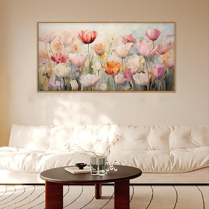 HPNIUB Large Nature Wildflowers Framed Wall Art Pink Floral Canvas Oil Painting Modern Aesthetic Wall Decor Abstract Flower Artwork for Living Room Bedroom Decor -20"x40"