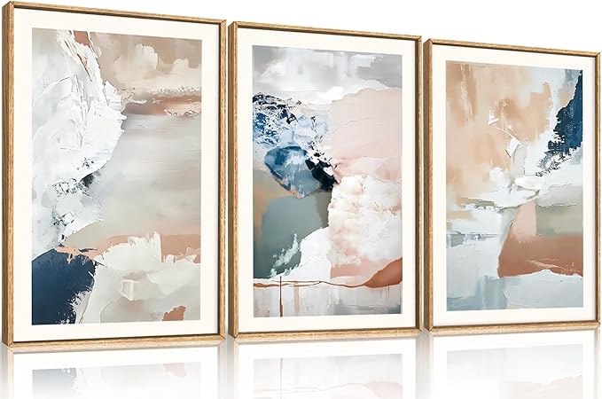 Large Abstract Brush Strokes Framed Canvas Wall Art,Neutral Navy Blue Wall Decor,Modern Pastel Wall Painting,Grey White Toned Artwork for Living Room,Bedroom,Dining Room,Office -24"x36"x3