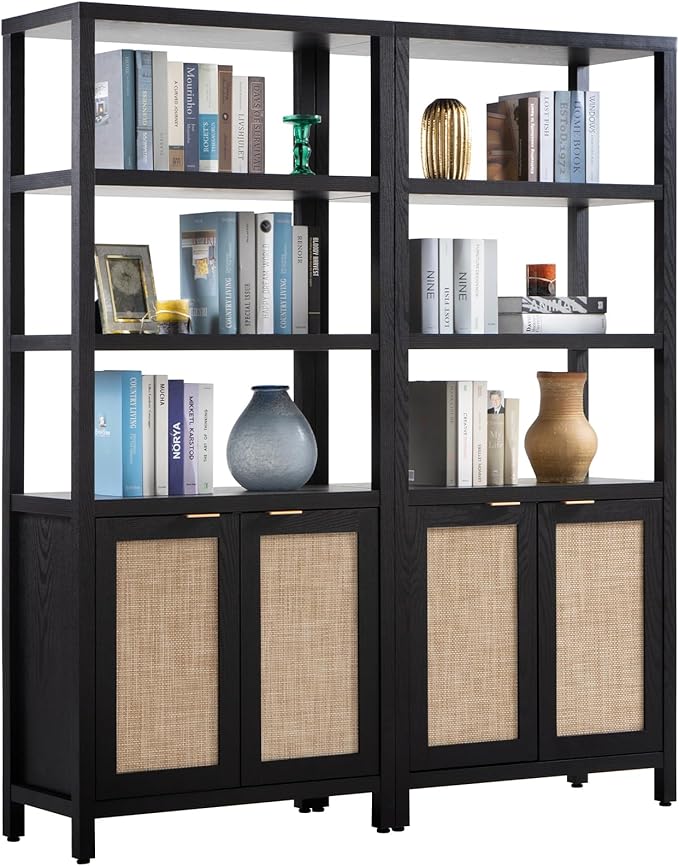 SICOTAS Bookshelf 5 Tier Book Shelf Rattan Boho 71" Tall Bookcase with Doors Storage Shelves Large Bookshelves Farmhouse Bookcases Library Book Case for Living Room Bedroom Home Office Kitchen