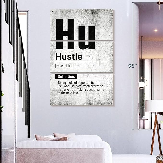 Elephant Stock - Hustle Definition Grunge Wall Art - Vertical Multi Panel Canvas - 3 Piece Living Room Wall Decor - Digital Art Inspirational And Typography Multi Piece Wall Art - Black And Gray Decor - 48" x 74"