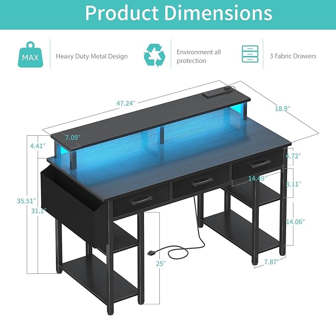 Lufeiya Gaming Desk with Led Lights and Power Outlets, 47 Inch Home Office Desk with Monitor Stand & Shelves, Writing Study Computer Desks with Fabric Drawers for Bedroom, Black