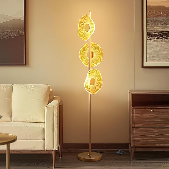 LED Dimmable Floor Lamp with Remote & Foot Switch, 2700–6000K Adjustable Color Temperature & Stepless Dimming, Sculptural Leaf-Disc Tall Standing Lamp, Brass Gold Corner Lamp for Living Room Bedroom