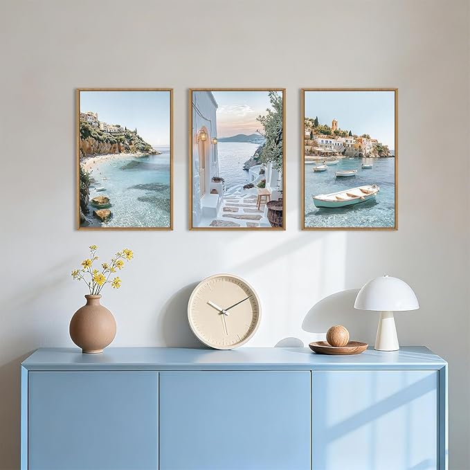 Greek Island Coastal Framed Canvas Wall Art Set,Modern Mediterranean Whitewashed Architecture Scenery Wall Decor,Natural Blue Beach Boat Landscape Artwork for Living Room,Farmhouse- 16"x24"x3