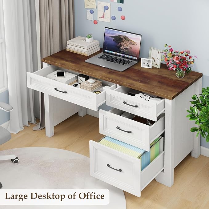 Farmhouse Executive Desk with Drawers, Wood Computer Desk with Ample File Drawer, Rustic Home Office Desk with Storage for Bedroom, Living Room, White