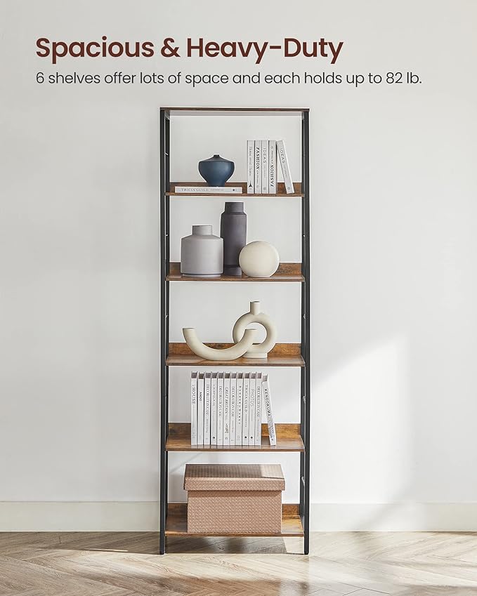 VASAGLE 6-Tier Bookshelf, Bookcase for Office, 11.8 x 23.6 x 70.1 Inches, Shelving Unit, with Back Panels, Industrial Style, for Living Room, Study, Home Office, Rustic Brown and Ink Black ULLS118B01